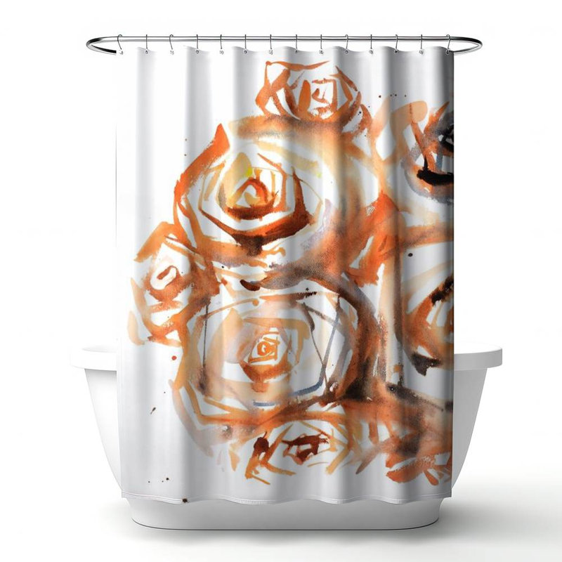 Floral – Polyester Shower Curtain, Dye Sublimation Print, 71" W × 74" L, White/Orange