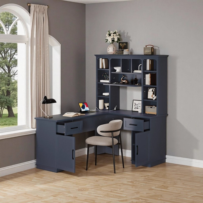 Bureau d'ordinateur en L avec prise de courant - 2 armoires de rangement, 2 tiroirs et 11 tablettes ouvertes pour le bureau bureau à domicile, bleu antique