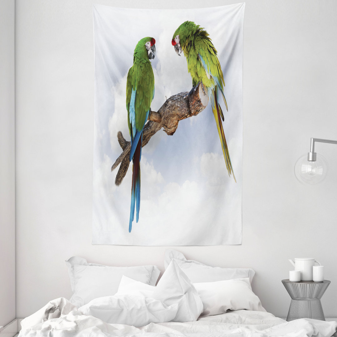 Wandteppich, 2 Parrot Ara Vogel, Tropisch, Braun Grün Weiß