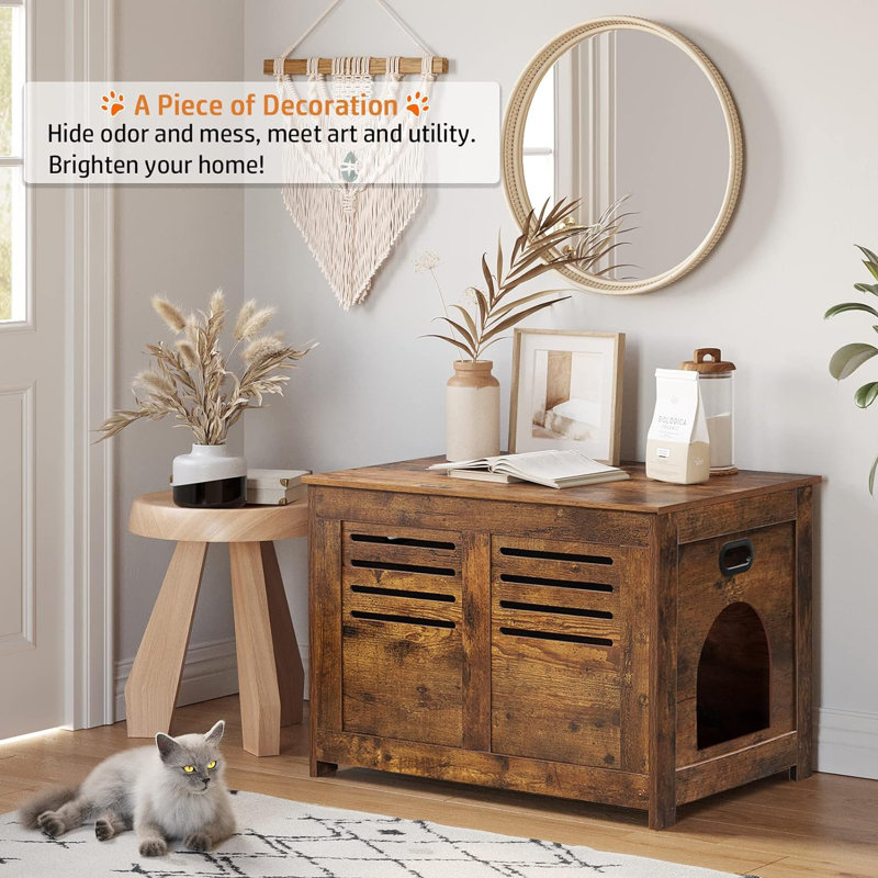 Rustic Brown Wooden Cat Litter Box Enclosure Cabinet
