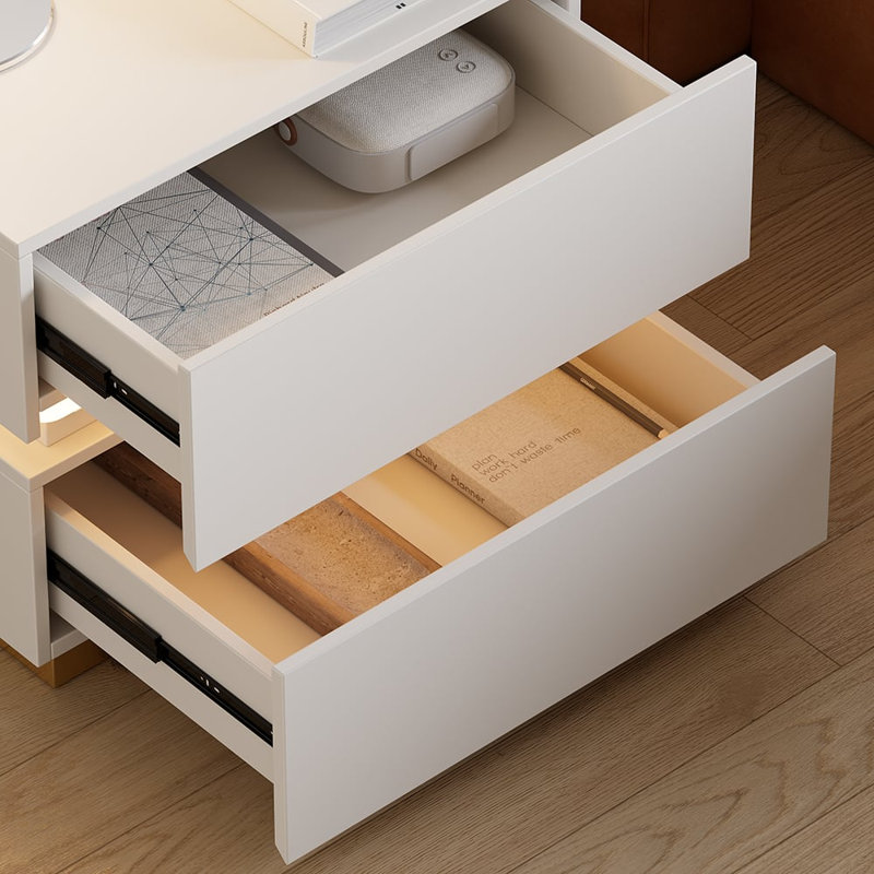White 2-Drawer LED Bedside Table with Charging Station, Set of 2