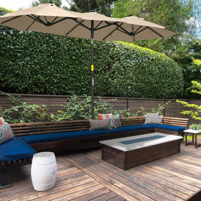 Parasol d'extérieur double 9,5 pi avec système d'inclinaison et de manivelle, 3 évents, 12 nervures, grand parasol de piscine brun pour le jardin relax, inclinaison à bouton-poussoir, manivelle, brun air,