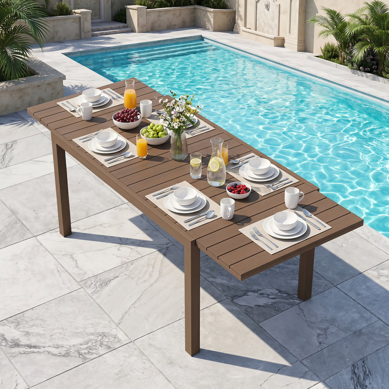 Table de salle à manger extensible pour 4 à 8 personnes en PEHD à grain de bois et cadre en aluminium avec verrous de sécurité et pieds réglables