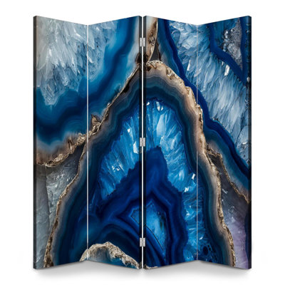 Paravent pliant à 4 panneaux, séparation de pièce en toile multicouche, tranche de cristal d'agate bleu royal, cloison de protection autoportante pour plus d'intimité