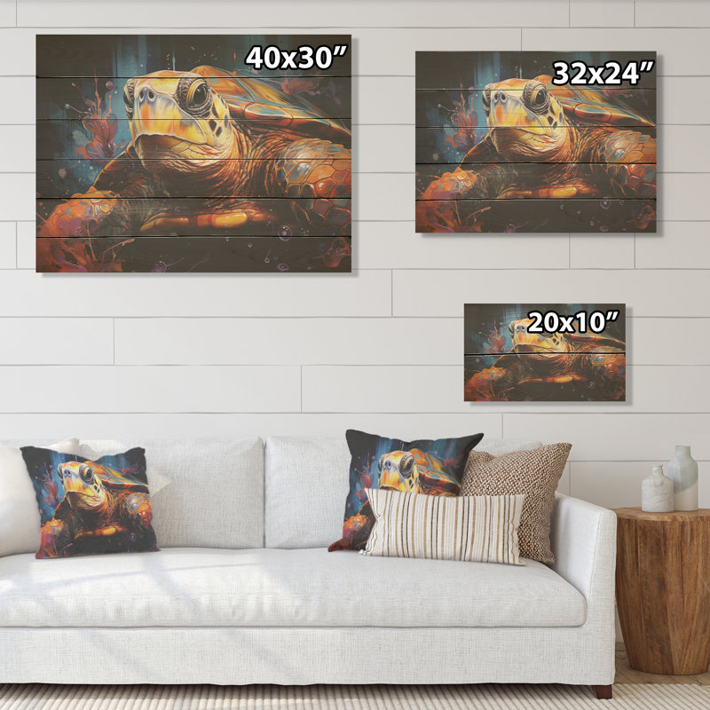 Pop Art Portrayal Of A Turtle - Turtle Wood Panel Wall Art On Natural Pine Wood, 24" H x 32" W