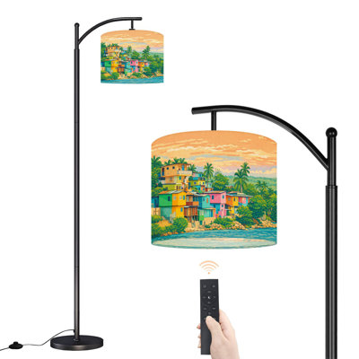 Arc Floor Lamp with Adjustable Lampshade Vibrant color houses hillside Jamaica Standing Lamp 3 Color Temperatures Dimmable Tall Pole Lamp with Foot Switch for Bedroom