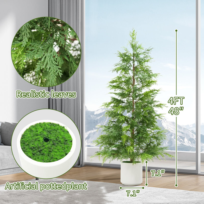 Topiaire de cèdre artificiel compact - ensemble de 2 fausses feuilles persistantes en pots blancs - pin décoratif en pot résistant aux rayons UV