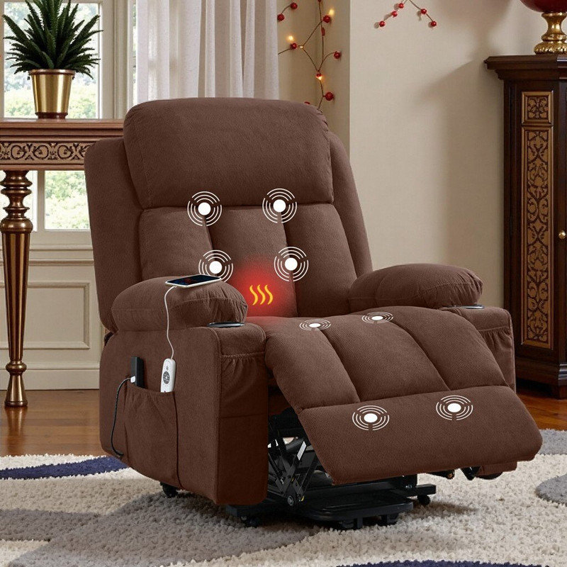 Power Lift Recliner Chair with Electric Heat, Vibration Massage Remote Control, USB Port and Storage Pockets, Brown