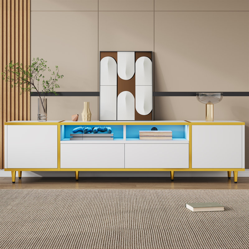 Meuble télé pour téléviseur de 80 po ou moins, Blanc / Doré