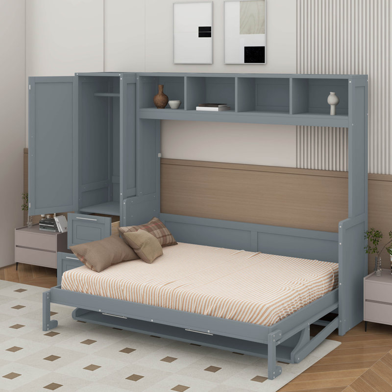Lit escamotable double avec placard et tiroirs, Gris
