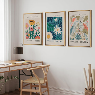 Classical Artwork NYC London Colorful Flower Market Abstract Floral & Botanical Framed Canvas 3 Pieces Print Wall Art