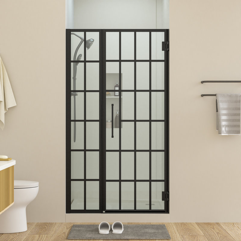 34"W x 72"H Hinged Shower Door With 10mm (0.39") Silk-Screen Clean Tempered Glass Shower Door , Reversible Swing Door, Black Bathroom Shower Partition.