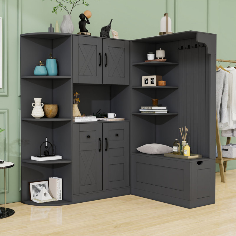 Combinaison de portemanteau polyvalente avec tablettes de rangement, crochets, banc à chaussures et armoire, Noir
