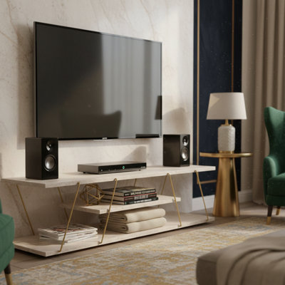 Meuble télé minimaliste en métal Travertine pour téléviseur de 50 po ou moins