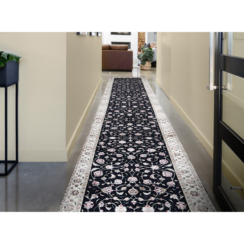 Hand-Knotted High-Quality Black and Ivory Runner
