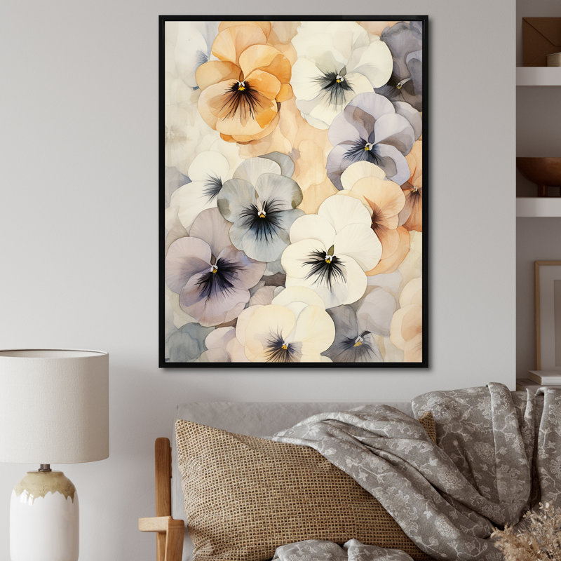 " Vivid Pansy Dreams Bouquet I ", 32" H x 16" W x 1" D, Black Floater Framed