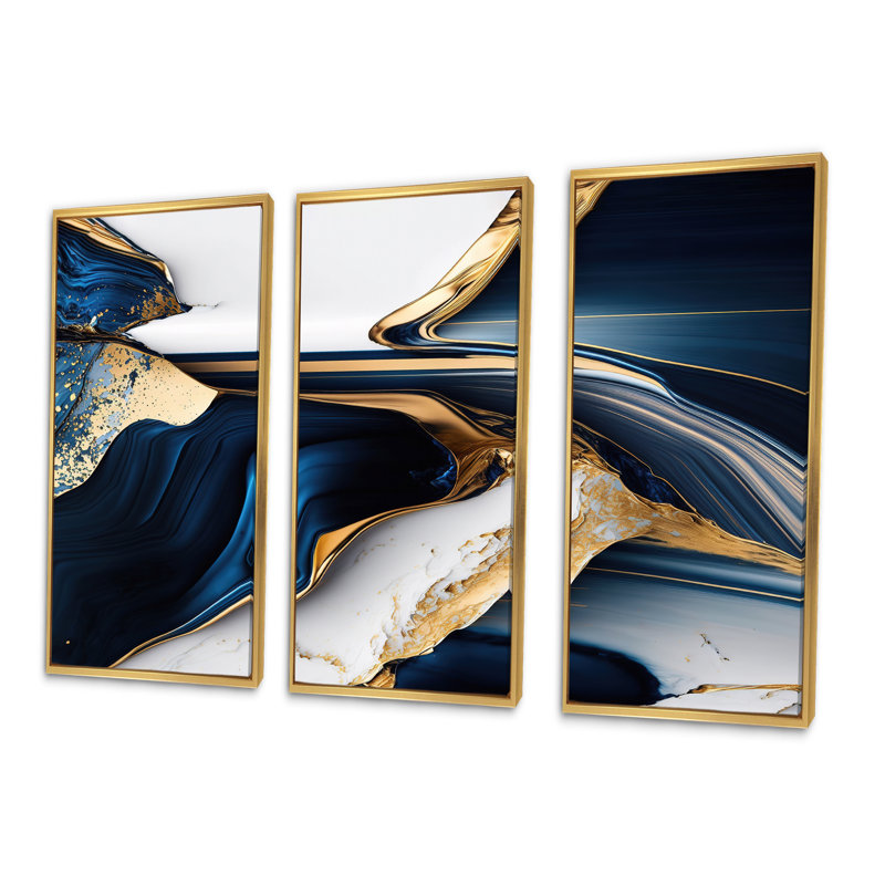 «Abstract Geode Waves Gold I», reproduction sur toile 3 pièces, H 28 po x l 36 po x P 1 po, Cadre flottant doré