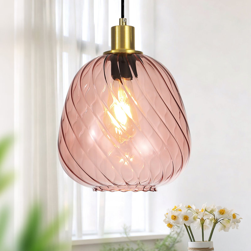 Luminaire suspendu simple en verre torsadé à motif de citrouille Berngar, dia 9,4 po x H 9,4 po, base E26, Rose