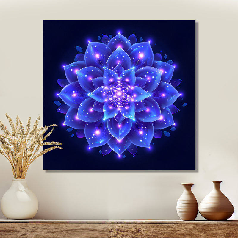 Décoration murale néon mauve fleur de lotus cosmique - Mandala Boho, Toile tendue, H 16 po x l 16 po x P 1 po
