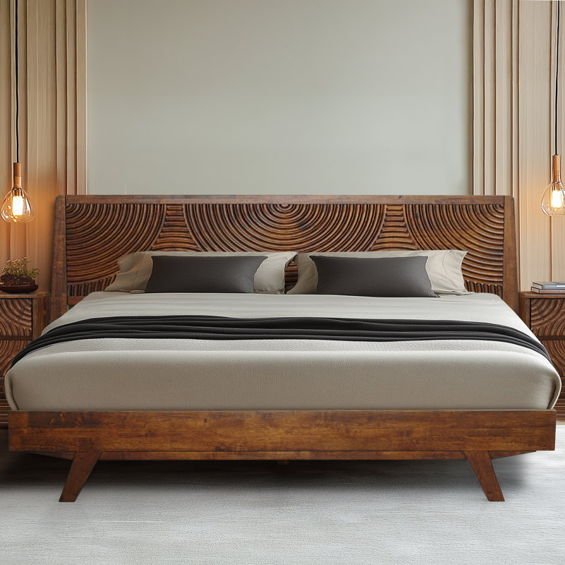 Harmony Solid Wood Bed Frame Platform Style with Sculpted Headboard, Mid-Century Modern, No Box Spring Needed, Smart Tools Assembly, 800 lbs Capacity
