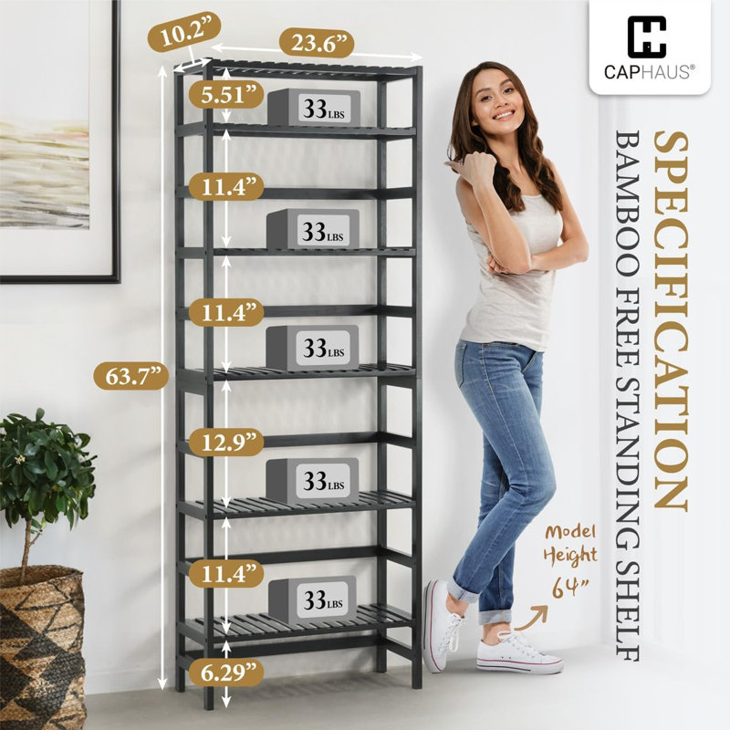 6-Tier Bamboo Shelf with Adjustable Layer for Bathroom, Bedroom, Kitchen, Black, Black