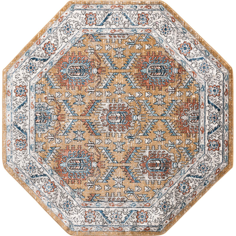 Tapis traditionnel jaune / ivoire, Octogone 4 pi
