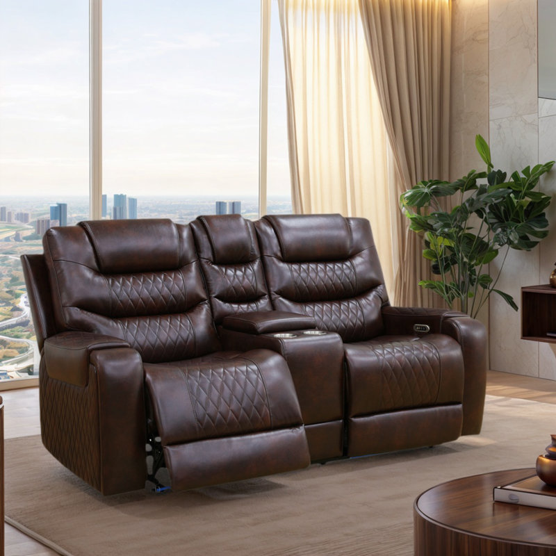 74.5" Breathing Leather Power Reclining Loveseat With Storage Console & USB Port – Double Electric Recliner, LED Lighting
