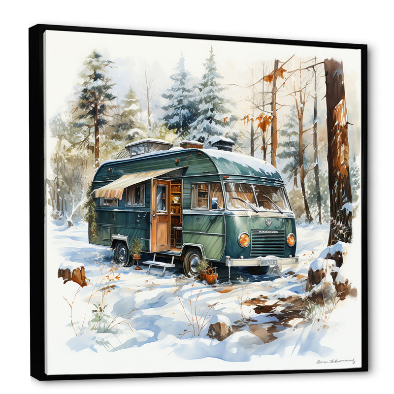 «Camping Van Charm In Winter - Camping Travel», reproduction d'art mural, Cadre flottant noir, H 24 po x l 24 po