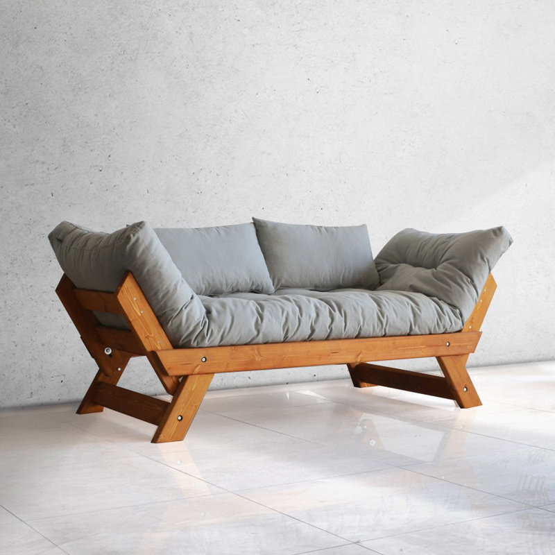 Convertible Pine Wood 2-Seat Outdoor Sofa With Waterproof Linen Cushions, Gray, Teak