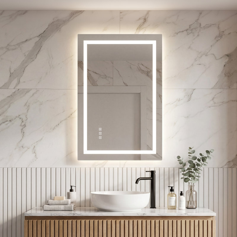 Miroir de salle de bain sans cadre avec double éclairage à DEL, antibuée, éclairage à intensité variable et fonction mémoire