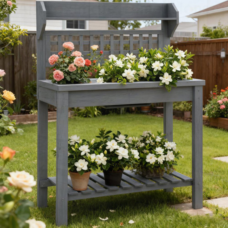 Banc de rempotage en bois pour l'extérieur avec plateau de table coulissant, tablette de rangement et évier à sec pour utilisation en serre et jardin