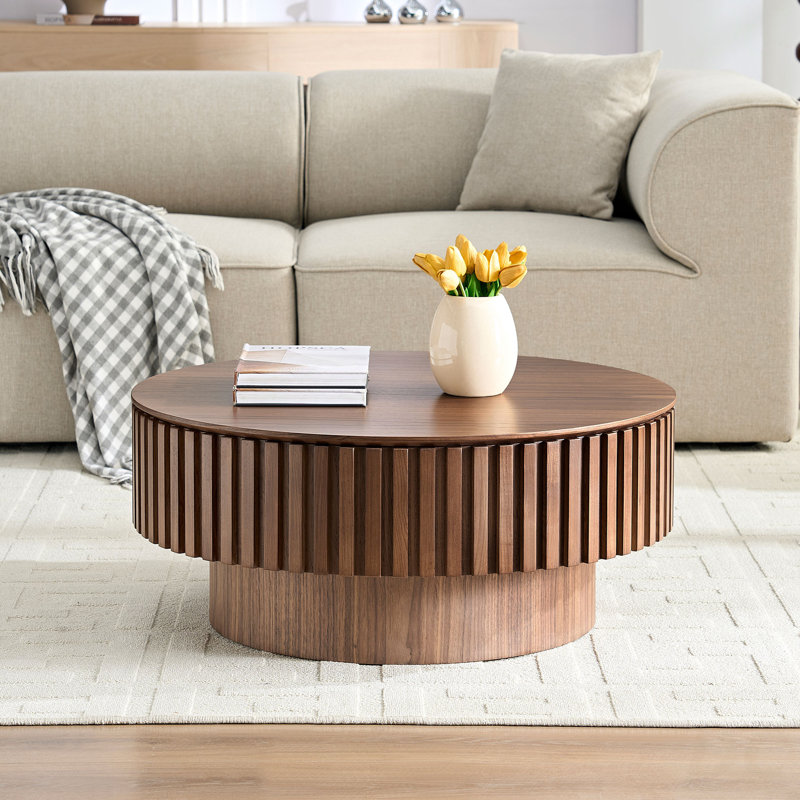 Table basse ronde en MDF avec rangement, 14" H x 31.5" W x 31.5" D, Noyer
