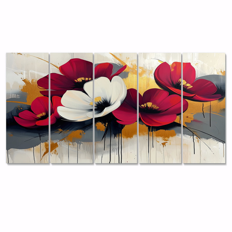 «White Red Cornflowers Meadows» - Art mural bleuets - Art mural traditionnel sur toile, H 32 po x l 80 po, 5