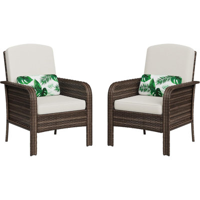 2-Piece Outdoor Patio Set, All-Weather Wicker Chairs with High Back & Cushions for Deck, Porch, Garden, Brown Rattan with Beige Cushion