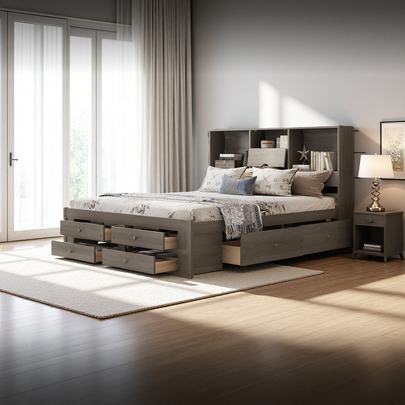 Lit plateforme avec tête de lit avec rangement et 8 tiroirs, Gris, Très grand lit