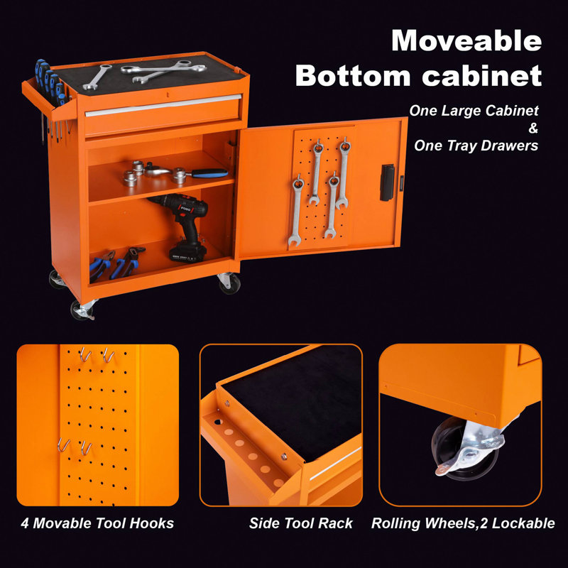Coffre à outils, armoire de rangement à outils à 5 tiroirs avec coffre à outils amovible, doublure, roues verrouillables universelles, tablette réglable, mécanisme de verrouillage, chariot à outils en métal, outils de 154 pièces