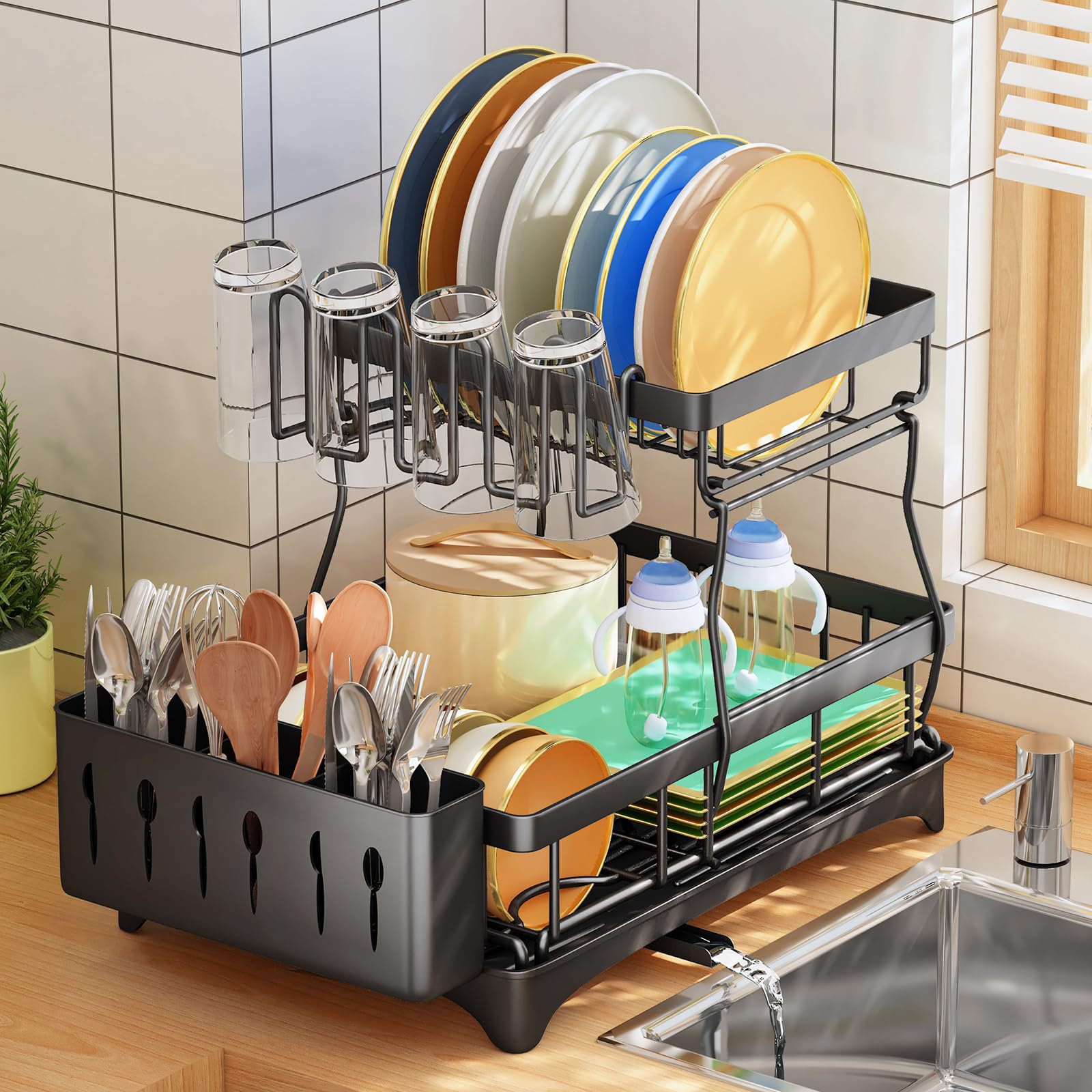 boosiny Large Dish Drying Rack with Drainboard Set, 2 Tier Dish Strainer  with Utensil and Cup