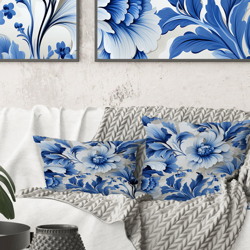 Motif victorien de feuilles d'acanthe bleu cobalt - coussin à imprimé floral