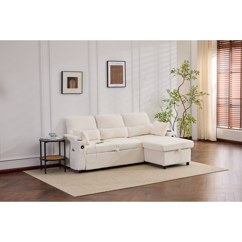 L-Shaped Linen Sleeper Sectional Sofa Bed with Storage Chaise, Solid Wood Frame, USB Charging, Teddy White Linen