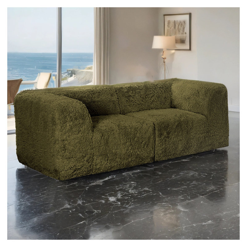 Canapé d'angle modulaire contemporain en fausse fourrure vert olive - Élément de mobilier de salon modulaire en mousse haute densité