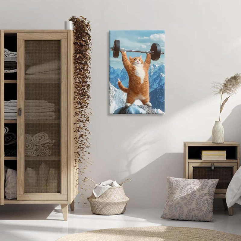 Cat Lifting Barbell Wall Art Funny Animal Wall Decor Nursery Canvas Gym Poster Print Fitness Drawings Pictures Room Kids Room Bedroom Ready To Hang (Canvas)