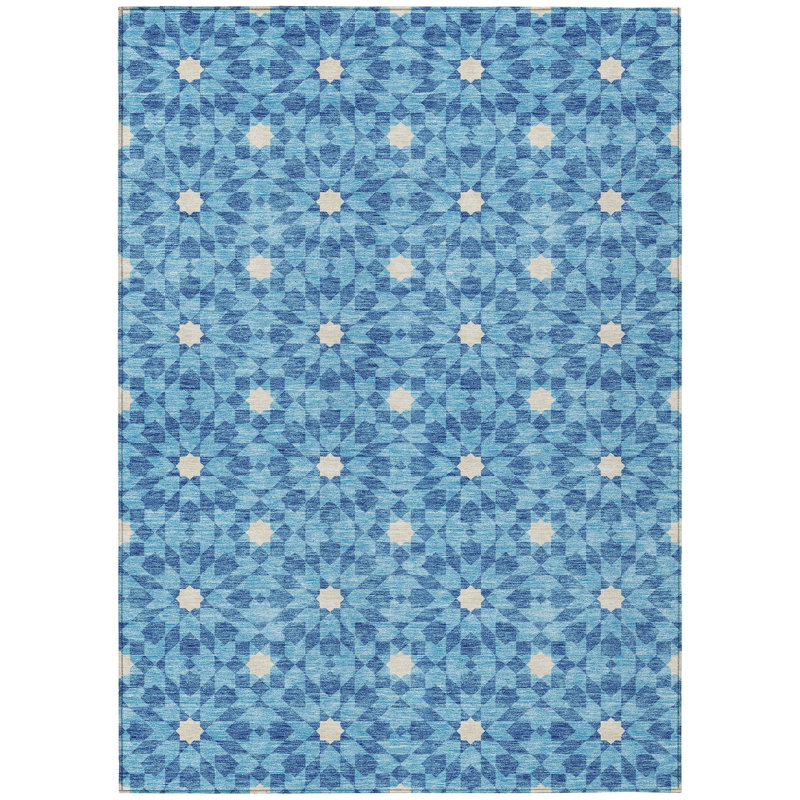 Tapis intérieur lavable 8 pi x 10 pi bleu et ivoire à médaillon floral