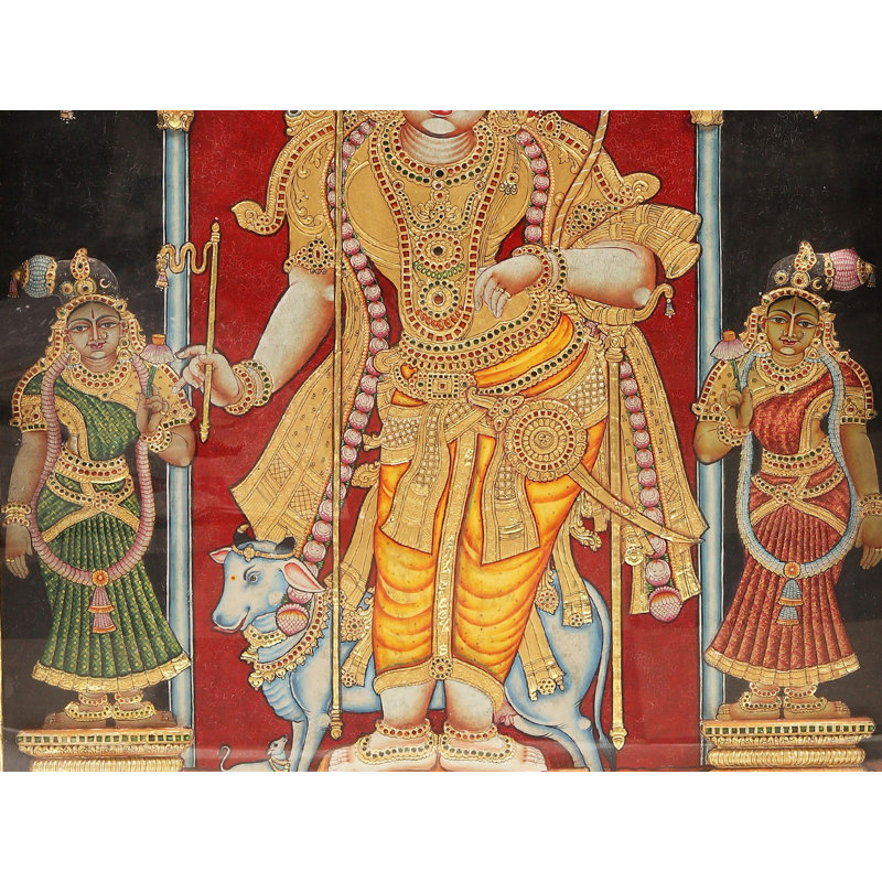 Rajamannar (Rajagopalaswamy) | Peinture de Tanjore | Avec cadre en bois de teck rétro