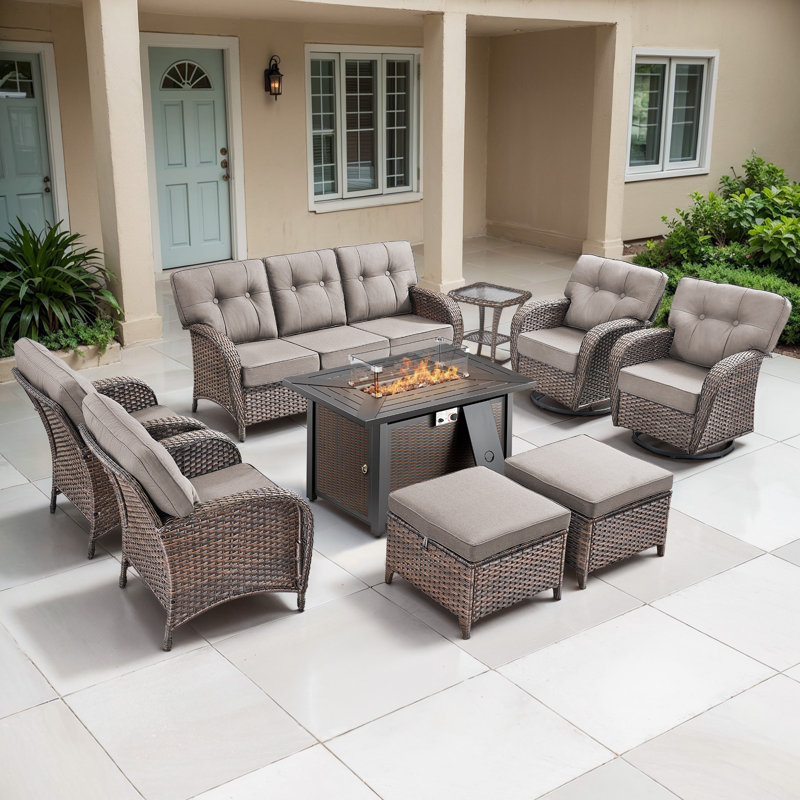 Ensemble de conversation avec coussins en T en rotin pour l'extérieur avec table de foyer d'extérieur 9 pièces Agnes, Gris