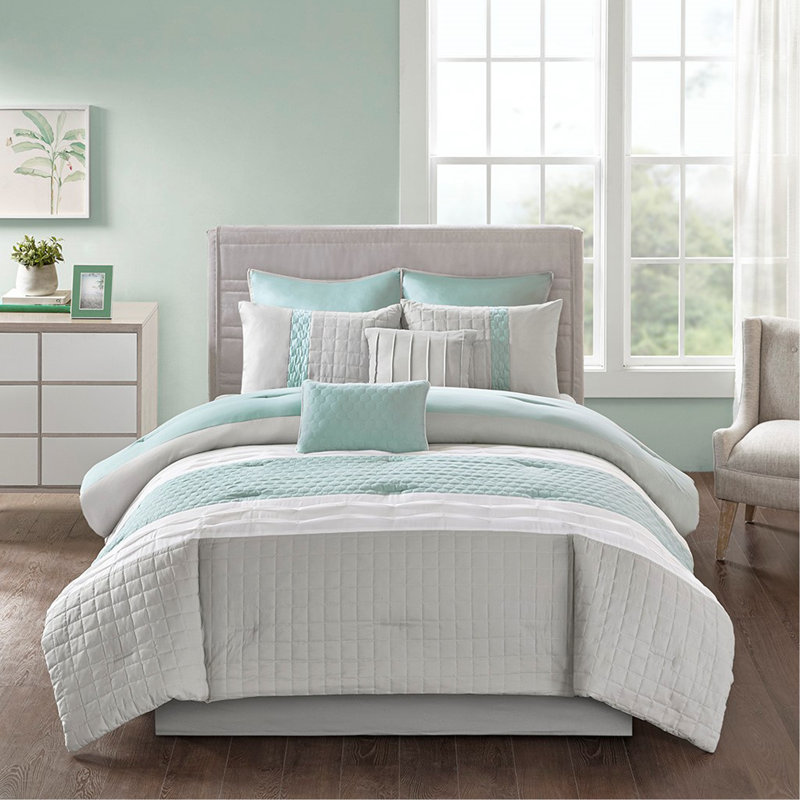 8 Piece Comforter Set Seafoam/Grey Queen
