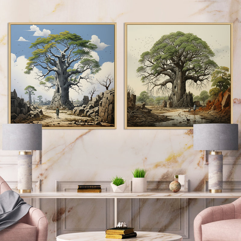 Baobab Tree Landscape - ensemble de 2 collages carrés Baobab, H 16 po x l 33 po, Cadre flottant brun