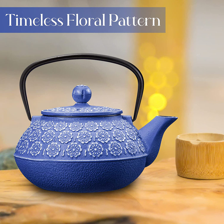 Primula Floral 34 oz. Blue Cast Iron Japanese Teapot