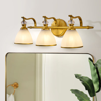 Vintage Bathroom Vanity Light Fixture with Hand-Painted Frosted Trumpet Glass Shade and Crystal Accent