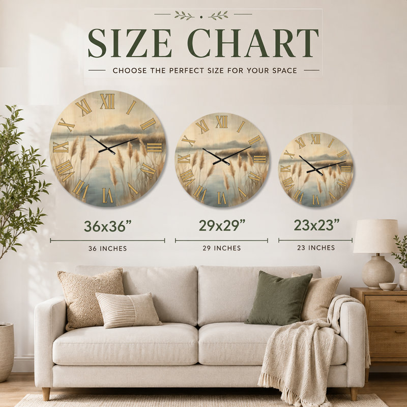 Horloge murale bohème en bois massif Golden Marsh Reeds I, Medium
