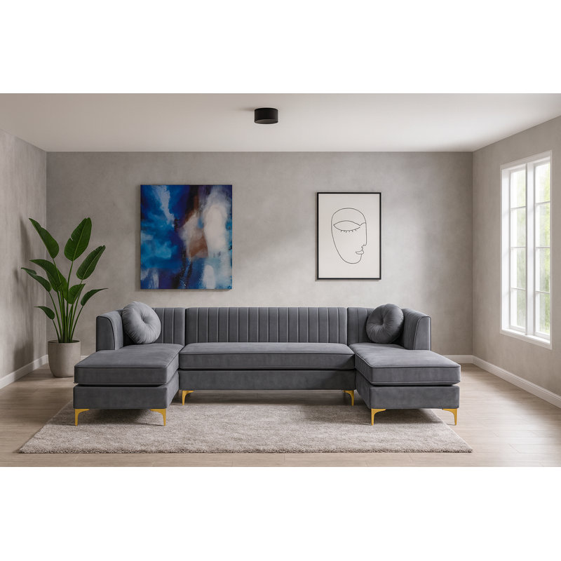 Canapé et méridienne modulaire en velours large de 132 po Graham, Velours gris